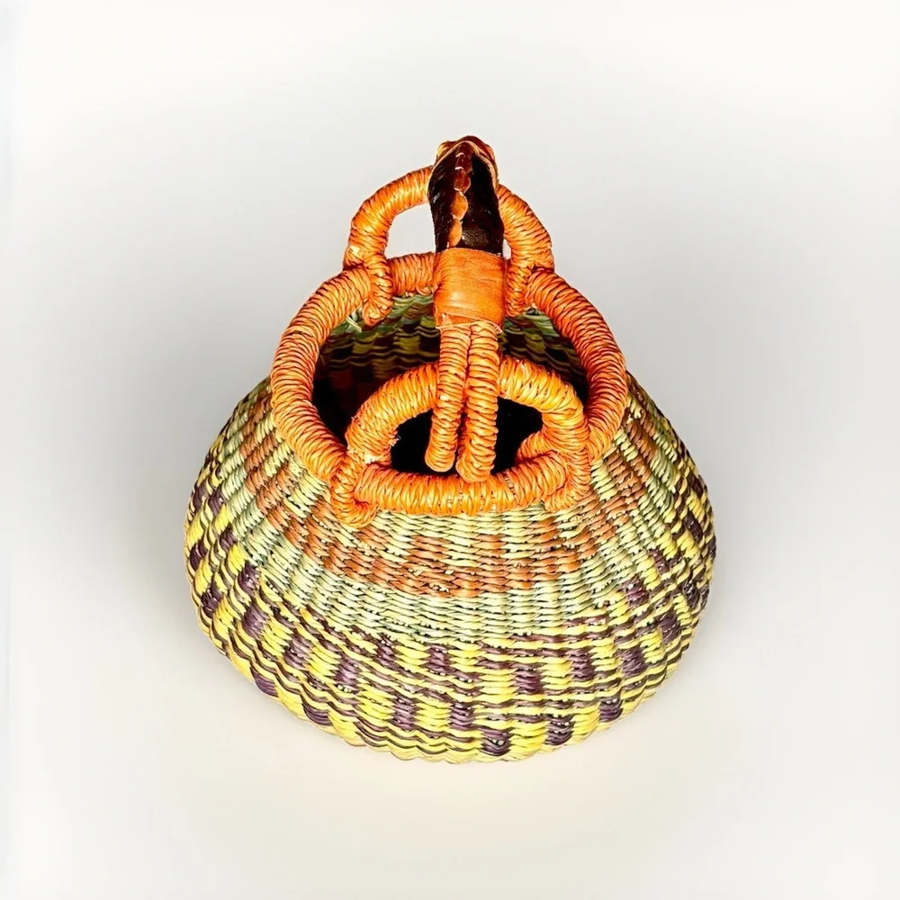 Vintage African Bolga Basket Handwoven Wicker Market Tote Bag Leather Handle Boh